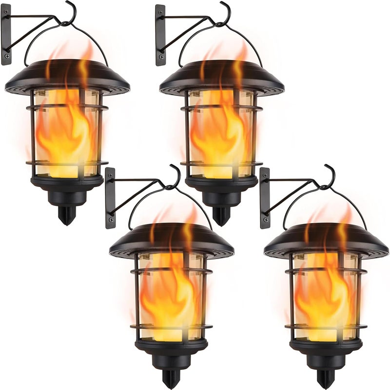 Dynaming 4 Pack Solar Flame Wall Lanterns Outdoor, Solar Powered Wall Mounted Sconce Lights, Flickering Flame LED Light Auto On/Off Hanging Lights, Waterproof for Garage Stair Patio Porch Yard - Image 1
